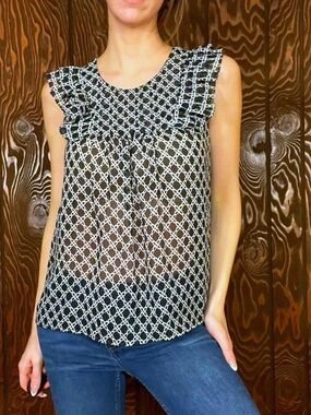 Banana Republic black and white geometric patterned ruffle sheer prairie blouse